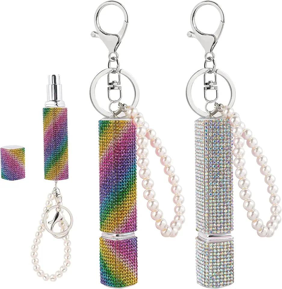Framendino, 2 Pack 10ml Crystal Perfume Bottle Empty Spray Dispensers With Keychain for Travel (Silver AB, Rainbow)