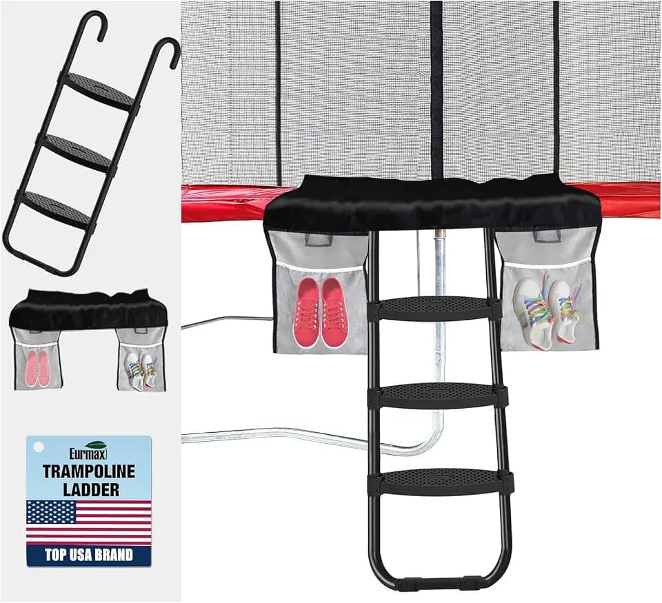 Eurmax USA Universal Trampoline Ladder,240 lbs Capacity,3 Wide Skid-Proof Steps&Shoe Storage Pocket,UV-Resistant Steel Stairs for Kids,Heavy Duty Universal Hook Fit,Trampoline Accessories for Children