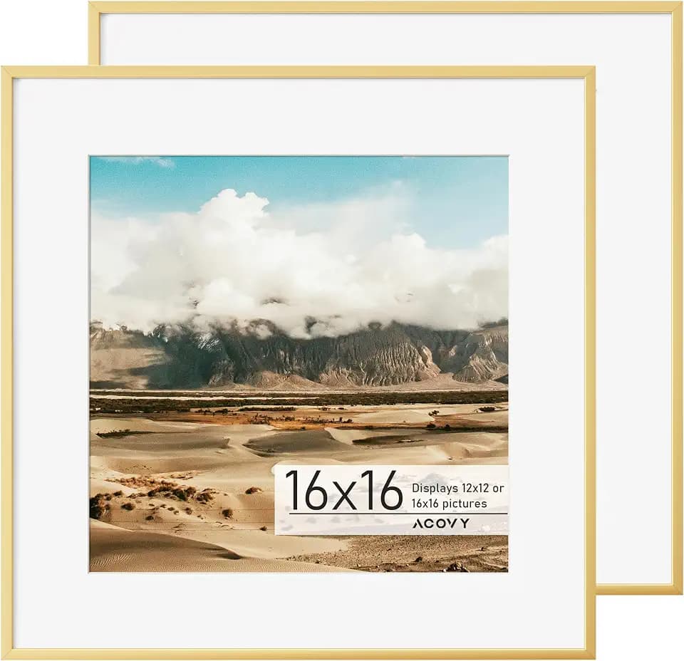 Acovy 16x16 Square Picture Frame, 16x16 Frame Matted to 12x12, Metal 16 x 16 Photo Frame for Wall Display,High Definition Tempered Glass, Wall Hook Included (Gold, Pack of 2)
