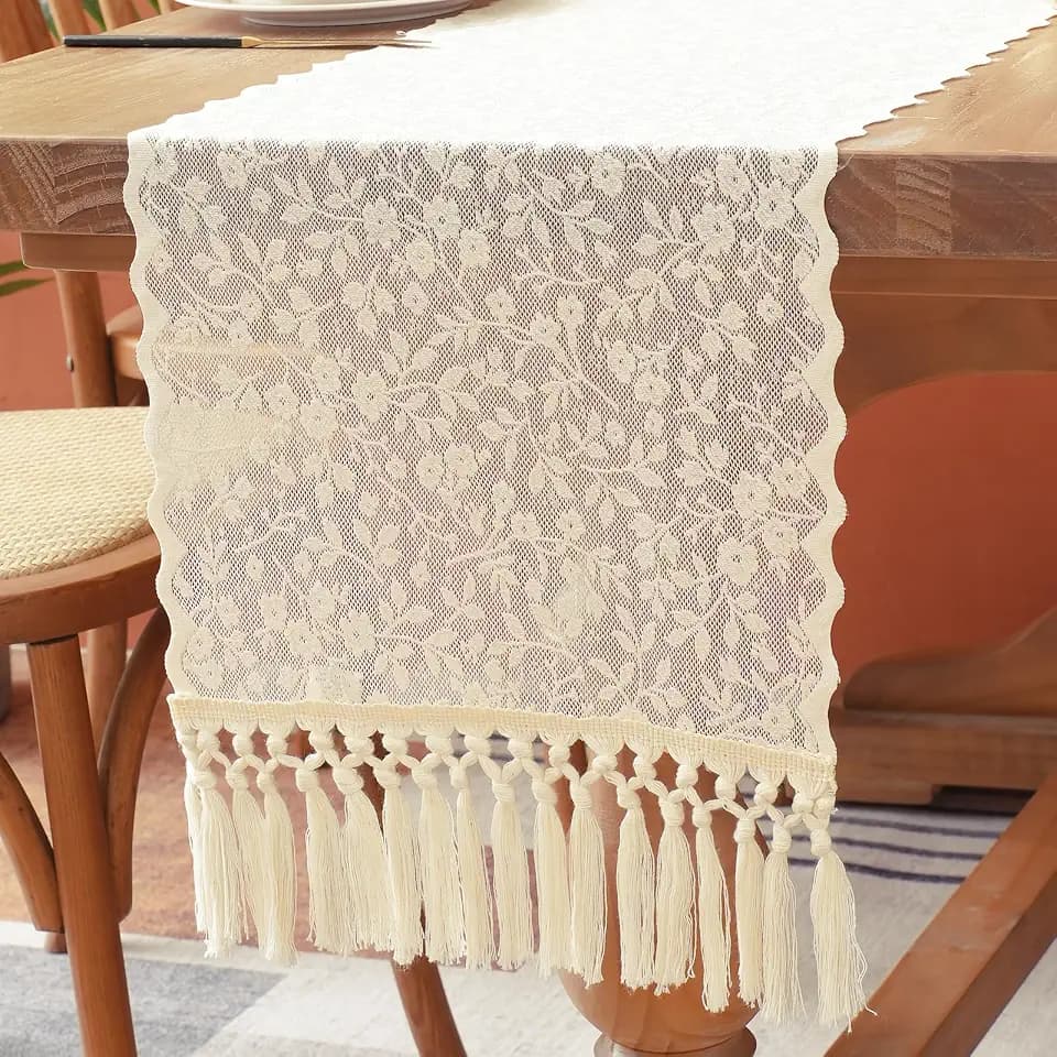 Beige Lace Table Runner Flower Boho Table Runner Farmhouse Vintage Rustic Cloth Table Runners for Xmas Fall Home Dinning Table Decorations (14x95 inch,Tassel Included)