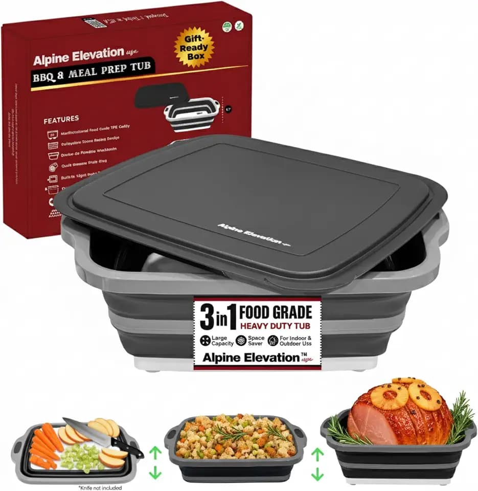 Collapsible Large (8L) BBQ Marinating Tub w/ Cutting Board | Multipurpose Food-Grade TPE Prep Tub w/ Lid | Built-In Colander & Drain Plug - For Camping | Tailgate | Picnic - Slate Black