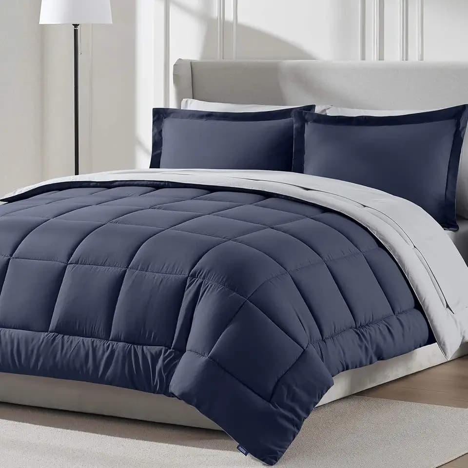 Nestl 7 Piece Queen Comforter Set – Navy Reversible Bed in a Bag – Complete Queen Size Bedding Set with Sheets, Pillowcases and Shams
