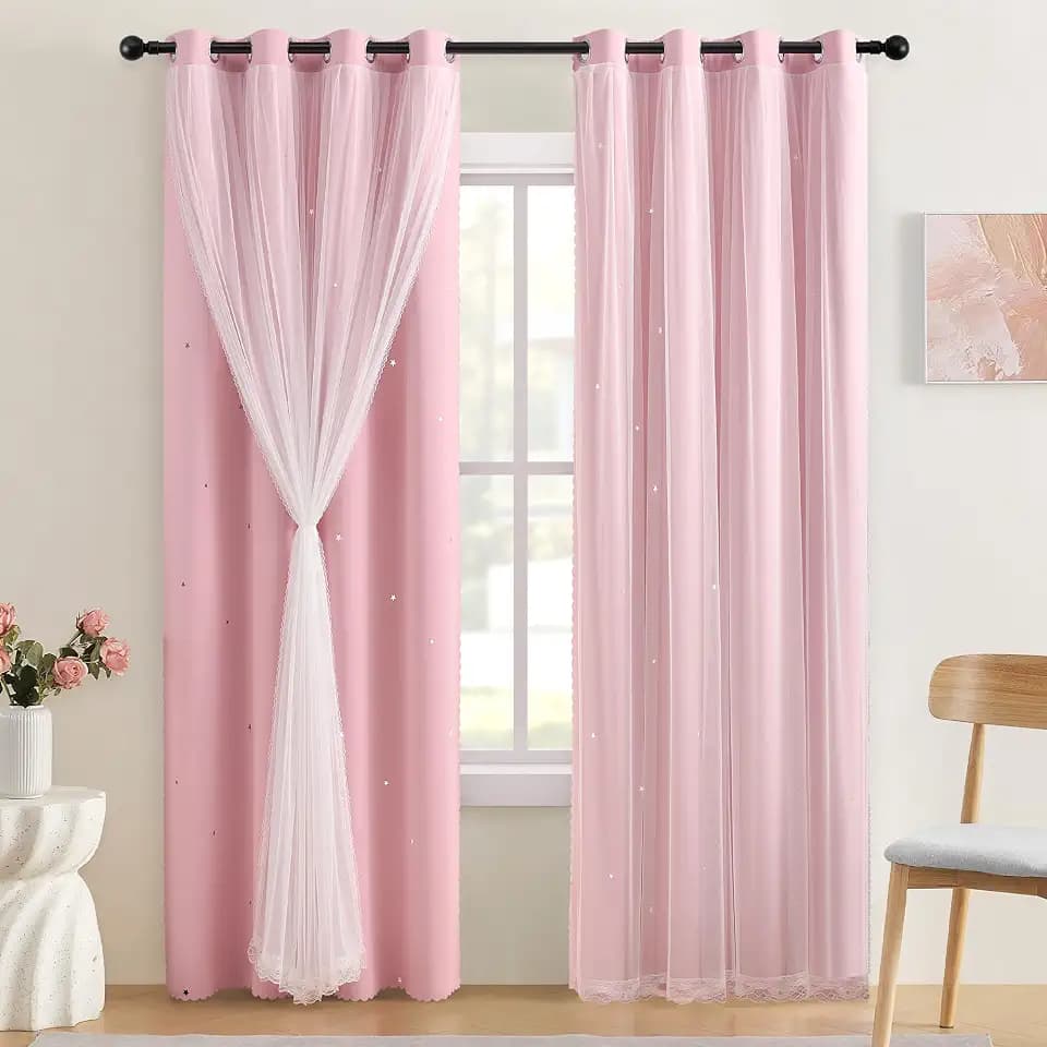 XiDi Blackout Light Pink Curtains Star with Sheer Overlay for Girls Bedroom