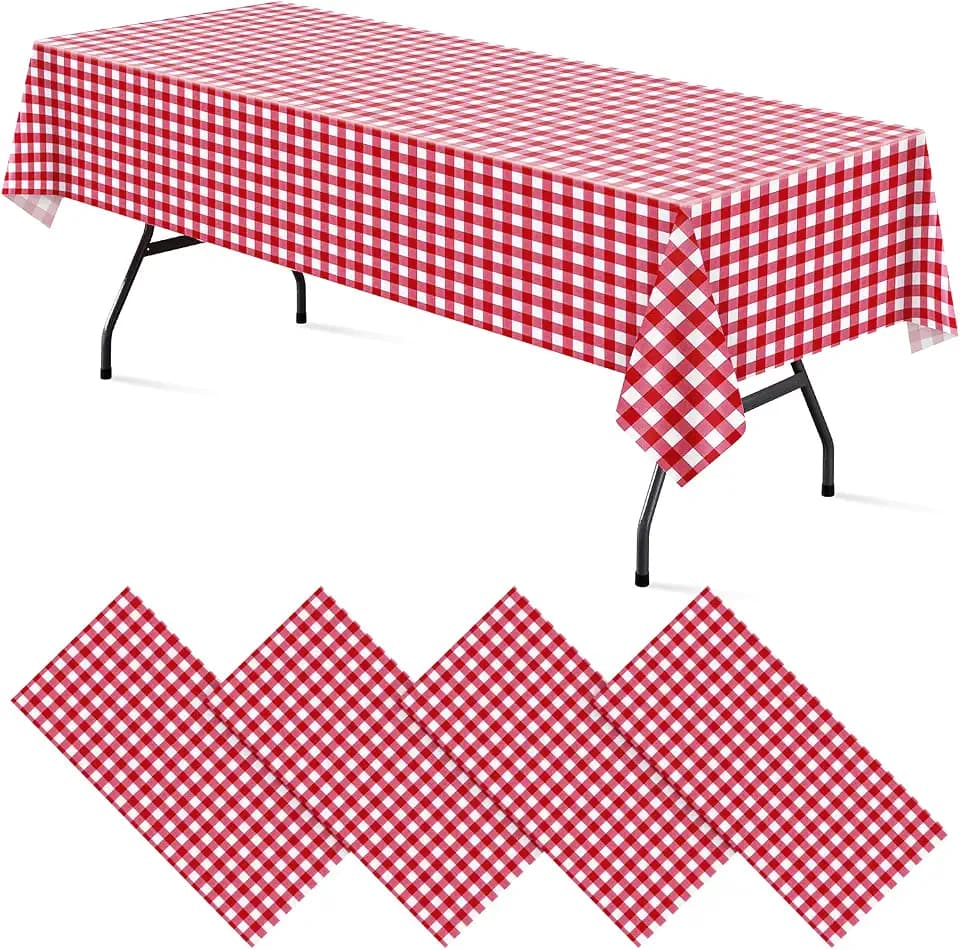 Spring rain 4 Pack Red and White Checkered Tablecloth 54x108 Inch, Premium Plastic Disposable Red Gingham Plaid Table Cloths for Picnic, Rectangle Party Table Cover for Parties Farm Camping Birthday