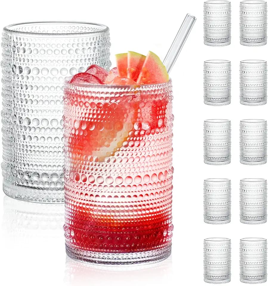Hobnail Drinking Glasses Set of 12, 15 oz Large Capacity Highball Glasses with Straws Vintage Glasses Drinking Set, Embossed Beaded Glass Cups for Kitchen, Beer, Juice, Cocktail, Whiskey, Milk