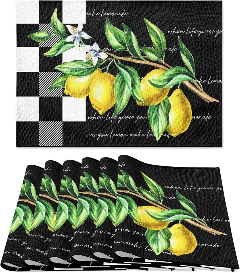 Placemats Set of 6, Yellow Lemon Non Slip Heat Resistant Linen Fabric Cotton Cloth Place Mats, Buffalo Plaid Black Square Washable Dining Table Mat for Summer Fall Rustic Farmhouse Home Kitchen Decor