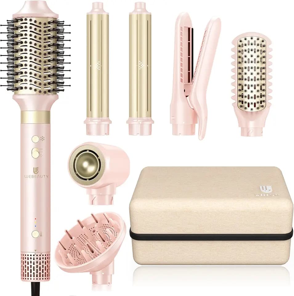 Hair Dryer Brush 8-in-1 Dual Voltage Hot Air Styler – Fast-Drying 110,000 RPM Ionic Blow Dryer with Straightener & Curler Attachments, Frizz-Free Volumizing Styler with Protective Hard Case-Pink