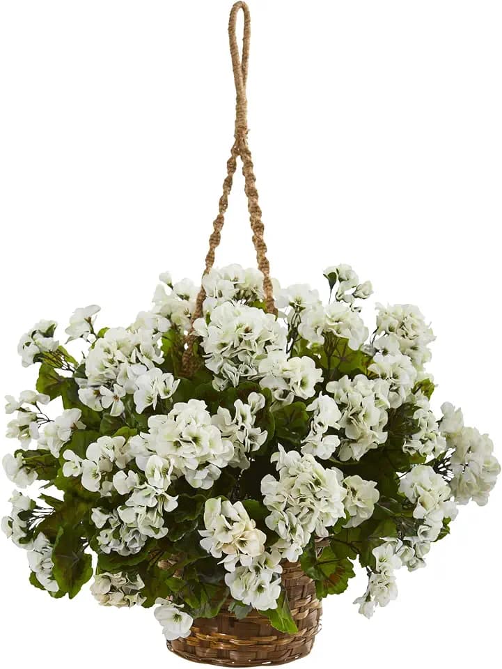 Nearly Natural 19 in Artificial Geranium Hanging Basket Porch Decor Plant