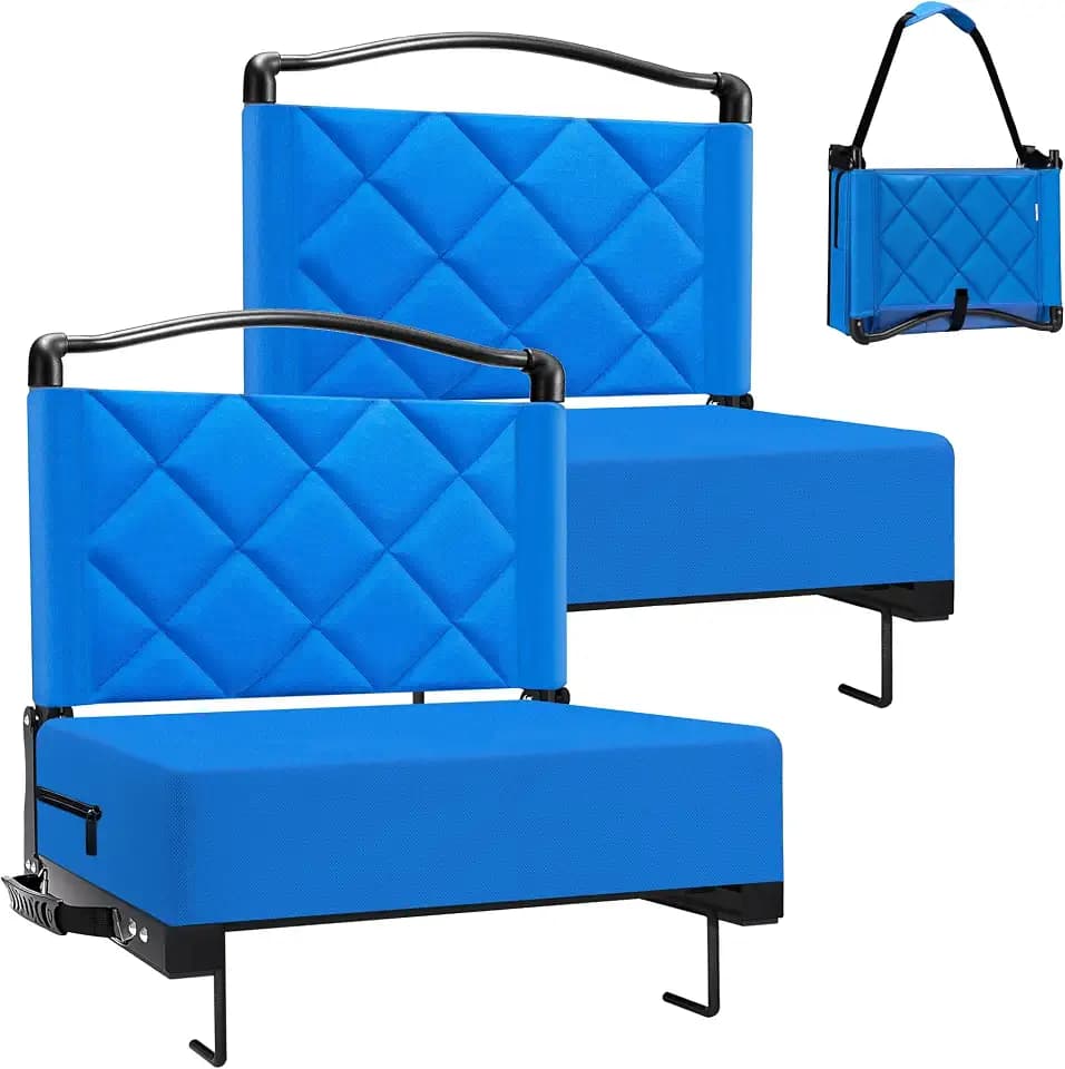 Stadium Seats with Back Support Cushion, Folding Stadium Seats for Bleachers Hold up 400lbs, Wide Bleacher Seat with Shoulder Strap & Handle Comfort for Sports Events (Blue, 2pcs)