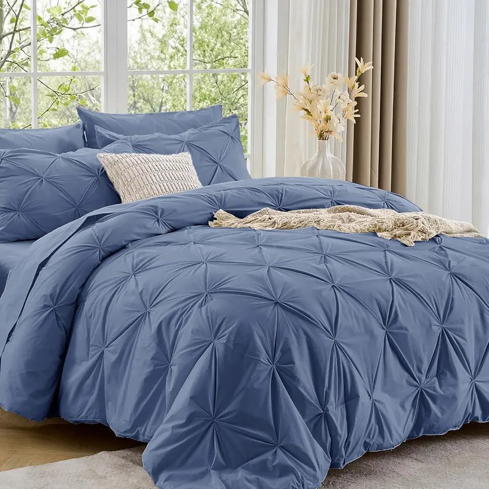 Sasttie Queen Comforter Set, 7-Piece Bed in a Bag, Pintuck Bedding Sets for All Season, Includes Comforter, Flat Sheet, Fitted Sheet, Pillowcases and Pillowshams, Slate Blue