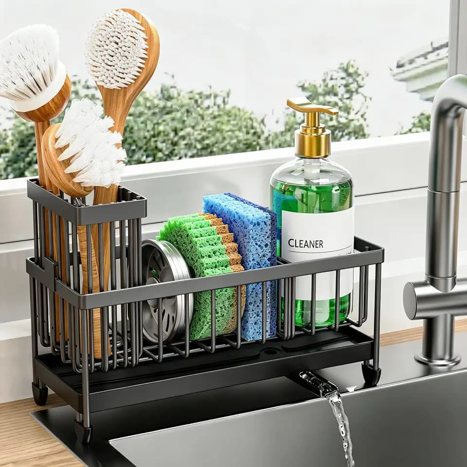Cisily Sponge Holder for Kitchen Sink, Sink Caddy Organizer with High Brush Holder, Kitchen Countertop Organizers and Storage Essentials, Rustproof 304 Stainless Steel (Dark Grey, 9.25″)