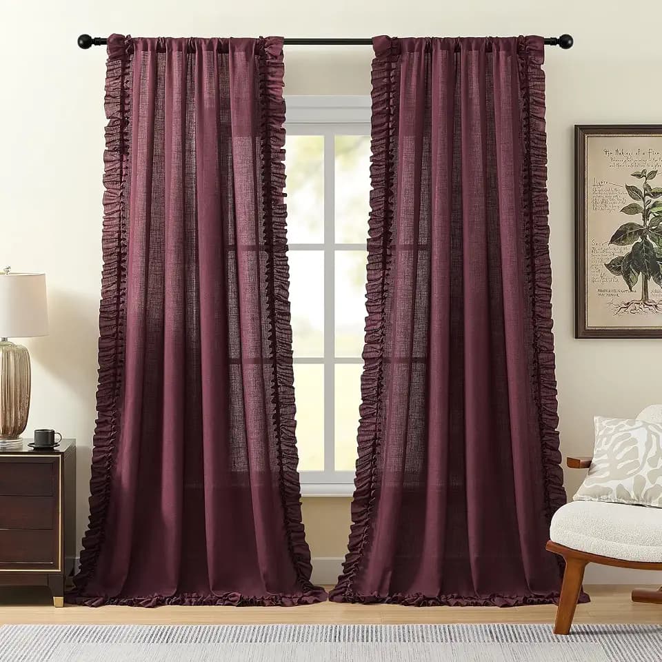 Burgundy Curtains 96 Inches Long, 2 Panels, W47 x L96 Inch, Linen Textured Maroon Ruffled Curtains for Living Room, Rod Pocket Privacy Light Filtering Semi-Sheer Farmhouse Christmas Scalloped Curtain