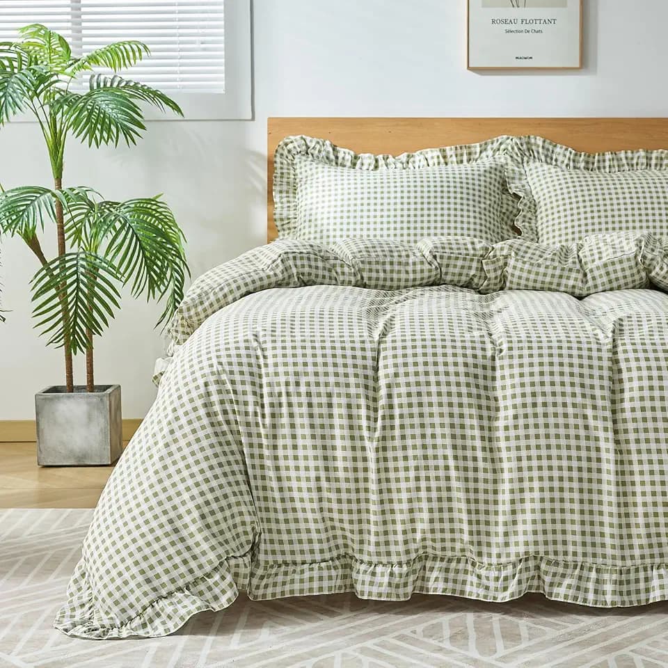 Gingham Duvet Cover Twin Size, 2 Pieces Soft Breathable Microfiber Plaid Duvet Cover with Zipper Closure & 1 Pillow Shams, Ruffle Farmhouse Vintage Decor, Sage Green