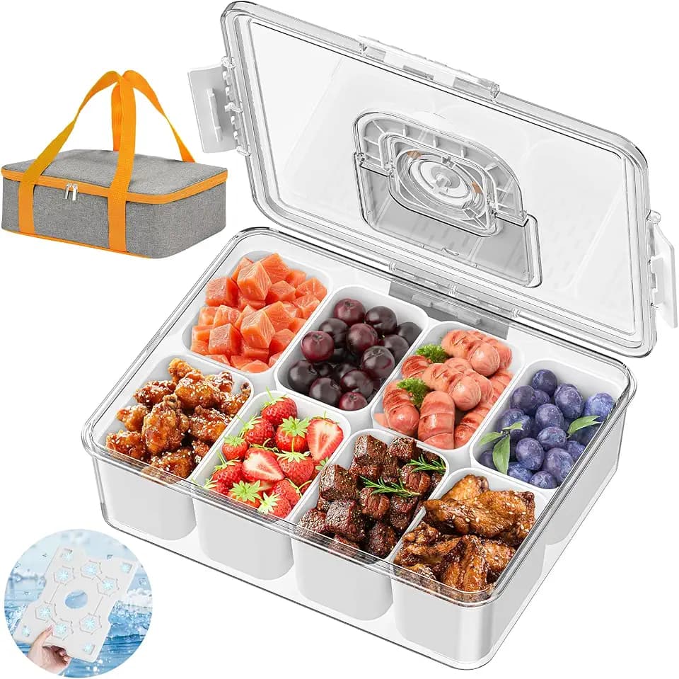 Chilled Snackle Box Container with Reusable Ice Pack, 8 Compartment Divided Serving Tray Insulated Bag for Charcuterie Snack Road Trip Picnic Beach Essentials