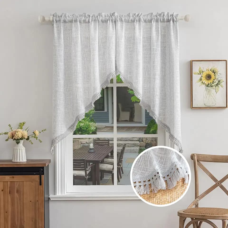 Beda Home Tassel Linen Textured Swag Curtain Valance, Lt Grey, 36 x 45 in