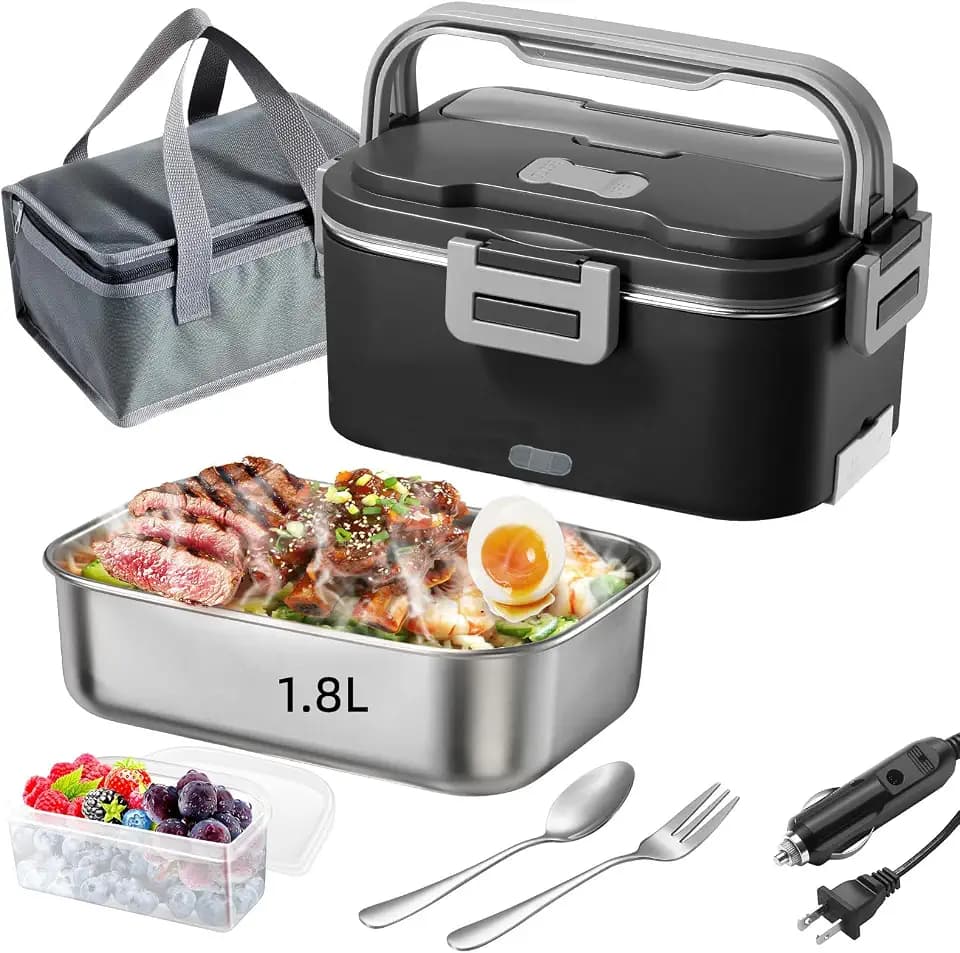 100W Electric Lunch Box for Adults 1.8L Portable Heated Lunch Box 12V/24V/110V, Portable Fast Heating Lunchbox Food Heater for, Car Truck Office Home(Black + Gray)
