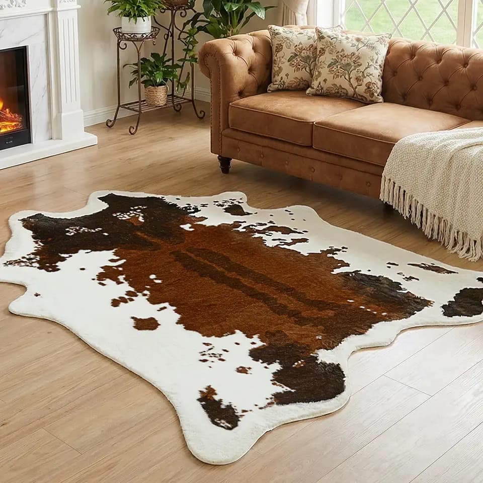 JONIYEAR Large Durable Faux Cowhide Area Rug 4.9 x 6.56 Feet, Premium Cow Print Rug for Living Room Bedroom, Durable Faux Fur Animal Cow Hide Carpet for Western Farmhouse Decor,Washable, Brown Cowhide