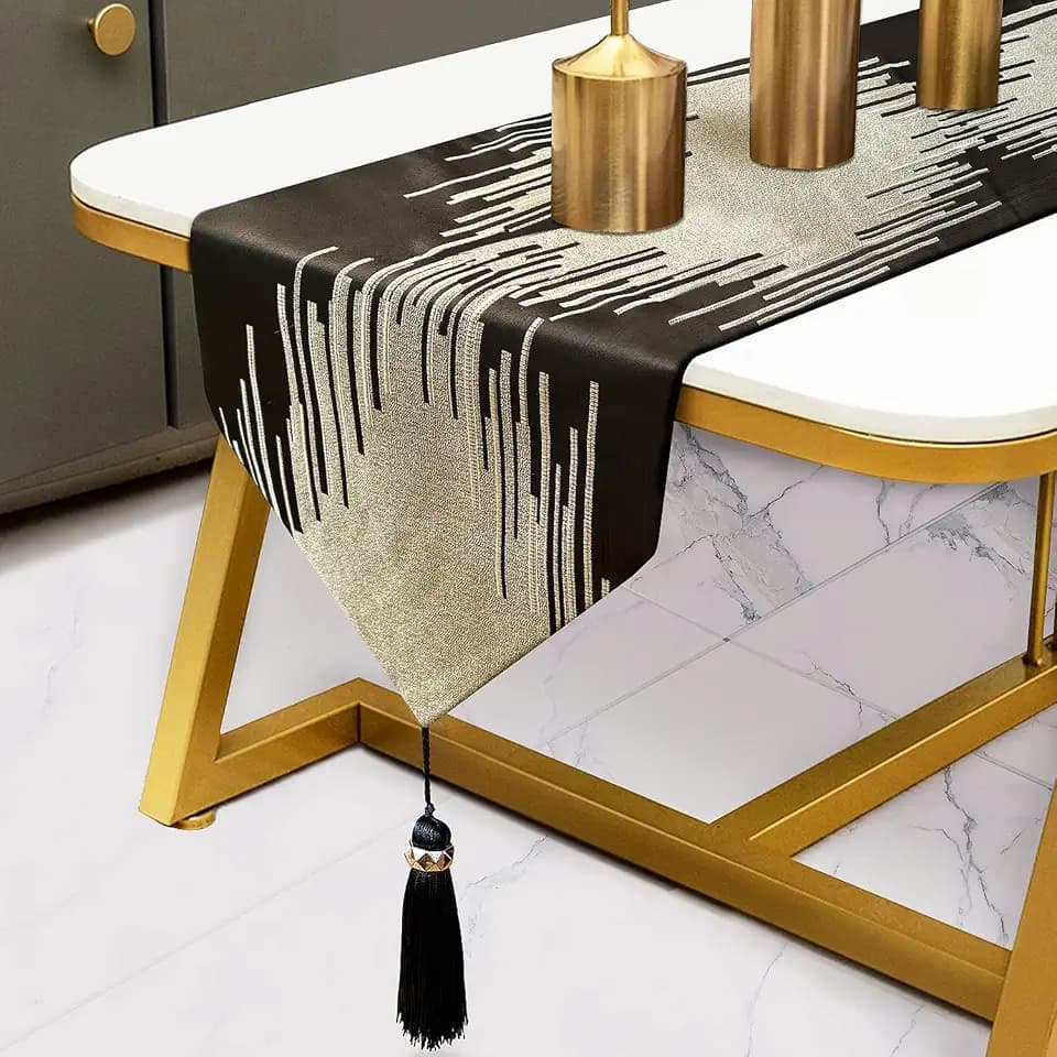 Luxury Black and Gold Table Runner 98 Inches Long, Modern Geometry Striped