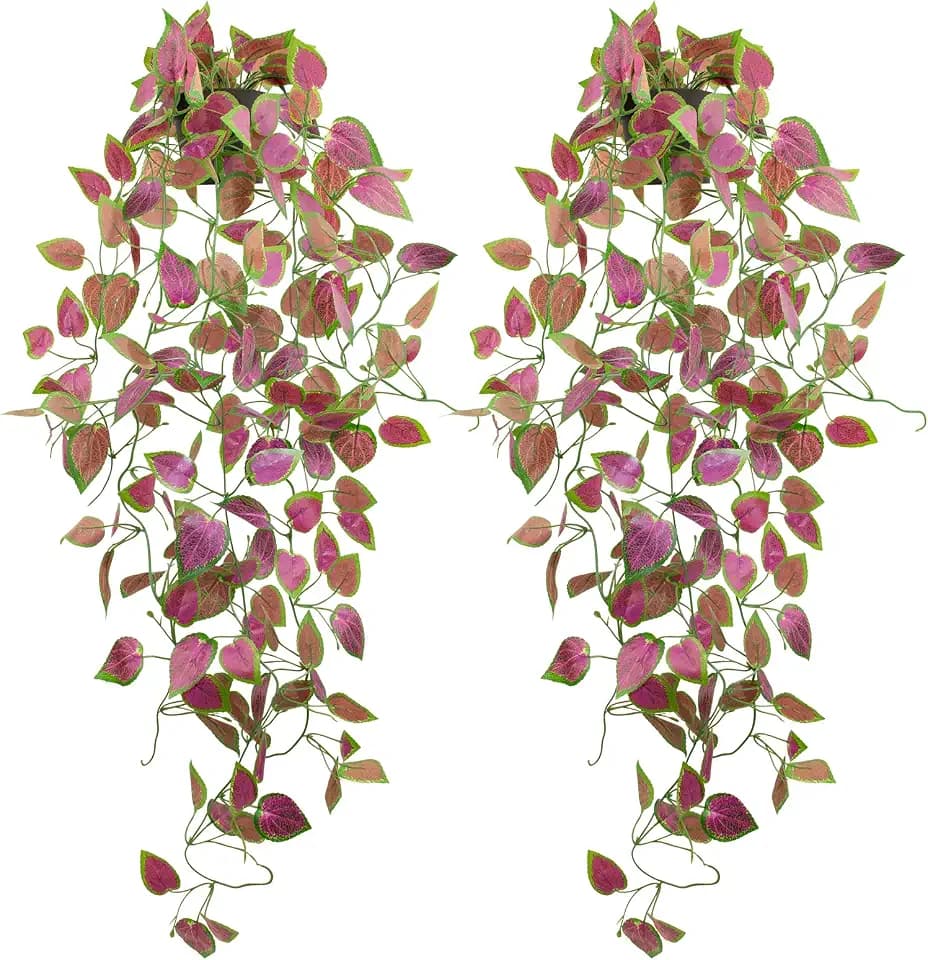 LOYWREE 2 Pack Artificial Purple Ivy Hanging Vine Plants - Small Potted Long Trailing Cascading Foliage, Gothic Home Decor for Indoor/Outdoor, Office, Garden & Shelf (Black Pot)