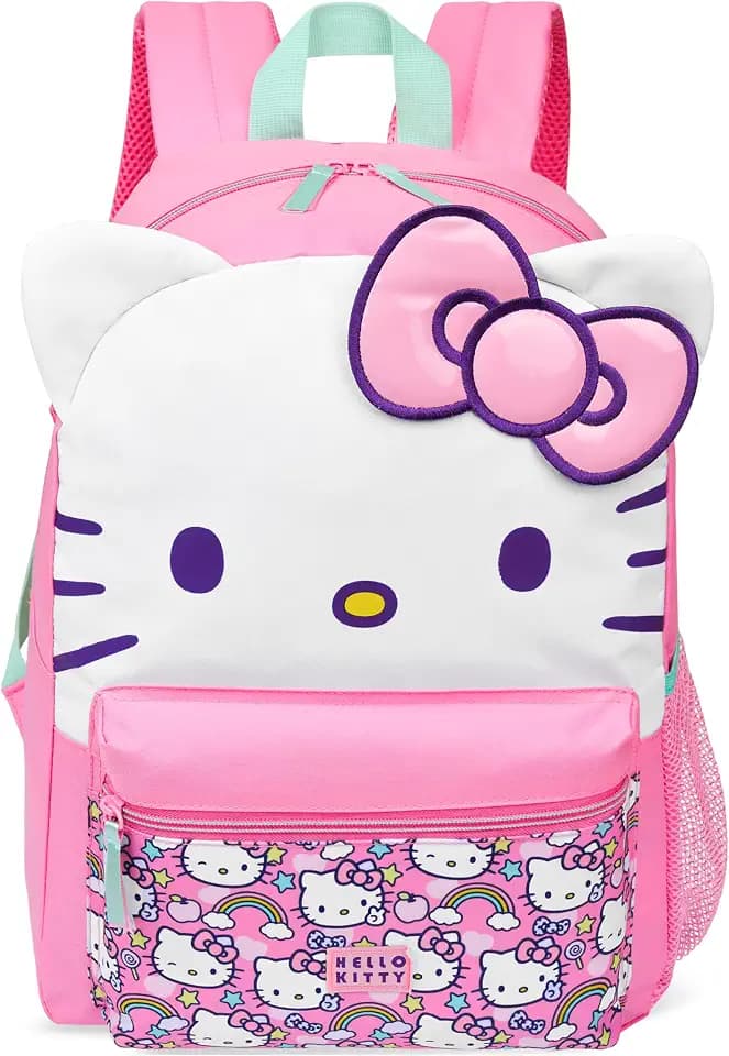 Hello Kitty Sanrio Girls Backpack, 18 inch, 3D Bow Kawaii Anime Rucksack Daypack for Kids Cute Stuff Back to School Supplies Gifts for Girls