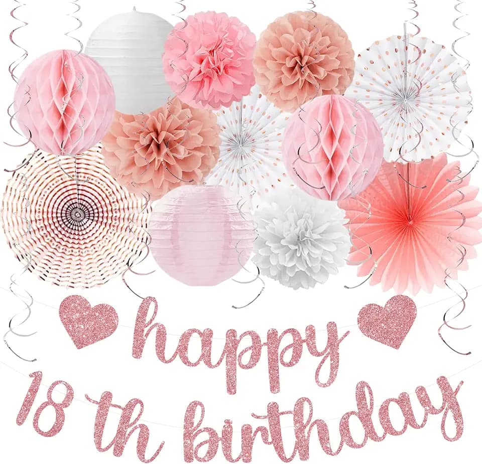 Vlipoeasn Pink White Rose Gold 18th Birthday Decorations for Girls