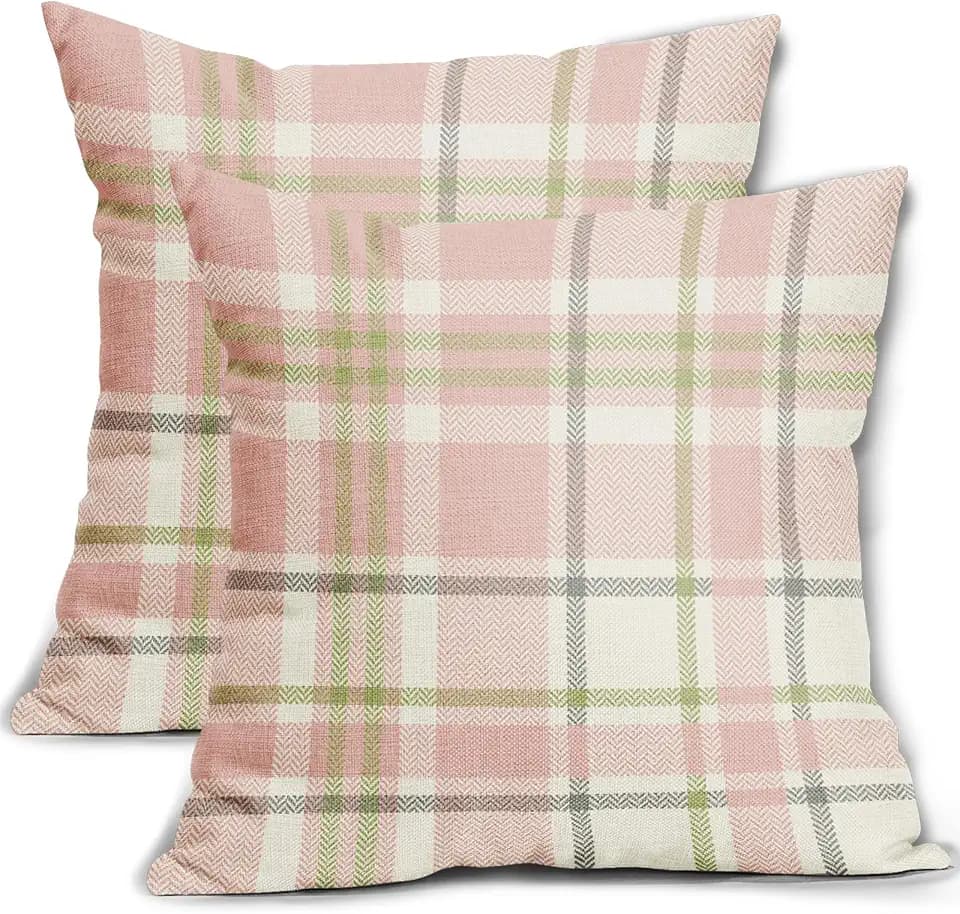 Easter Plaid Pillow Covers 18x18 Set of 2 Light Pink Green Grey Buffalo Check Print Spring Holiday Tartan Decorative Pillowcases Outdoor Farmhouse Throw Cushion Case Decor for Couch Sofa Bed