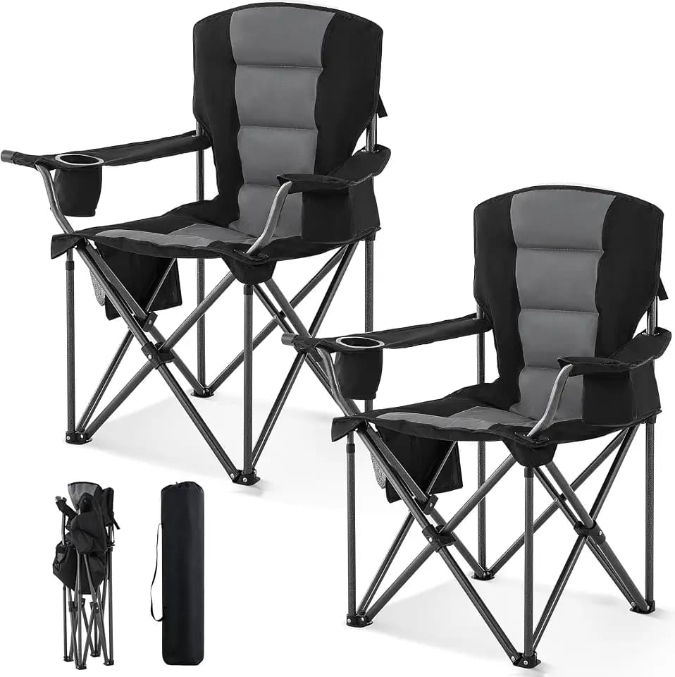 Oversized Camping Chairs for Adults 2 Pack Heavy Duty 450LBS Thick 600D Oxford Fabric Outdoor Folding Camping Chairs with Cup Holder and Ice Bag for Sports, Fishing, Lawn (Black & Dark Gray)