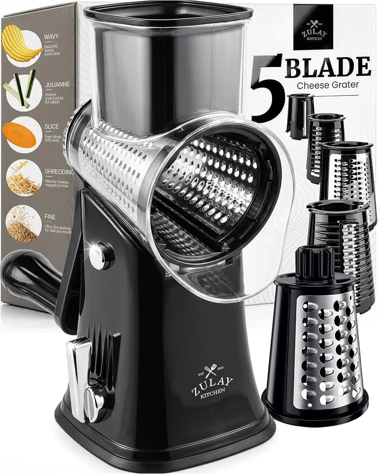 Rotary Cheese Grater Manual Hand Crank 5 Blade Shredder, Black & Chrome