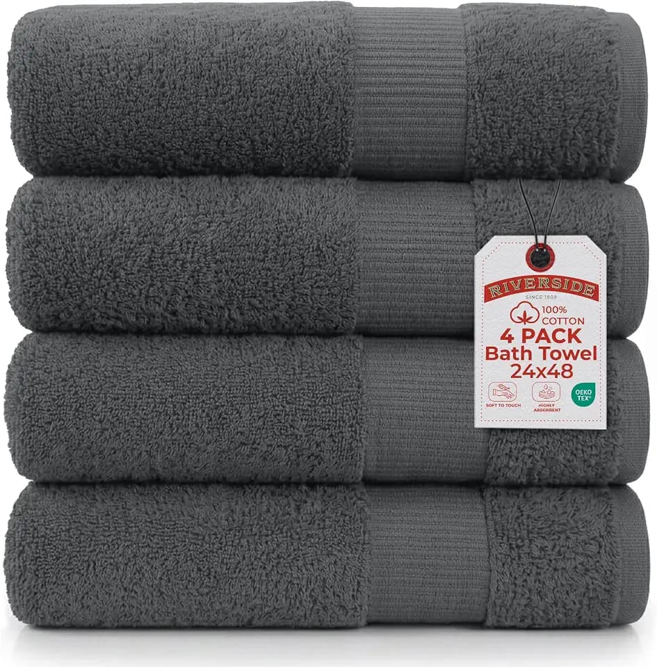 RIVERSIDE 4 Pack Bath Towels, 24x48 Inches, 500 GSM, 100% Cotton, Gray
