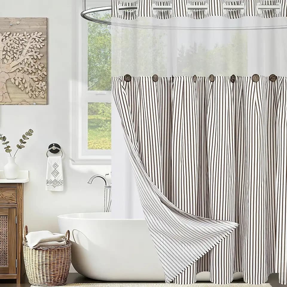 ASPMIZ Farmhouse Striped Shower Curtain and Liner Set No Hook, Brown 71x74