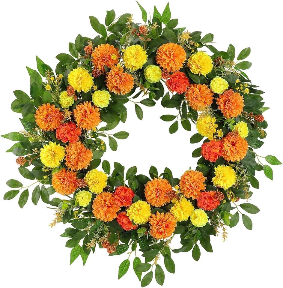 26" Large Fall Wreath for Front Door, Artificial Orange Yellow Marigold Floral Wreath with Green Leaves, Flower Wreath for Home, Rustic, Farmhouse, Indoor, Outdoor Décor
