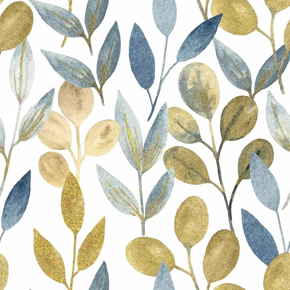 Blue and Gold Leaf Peel and Stick Wallpaper 17.7" x 354"