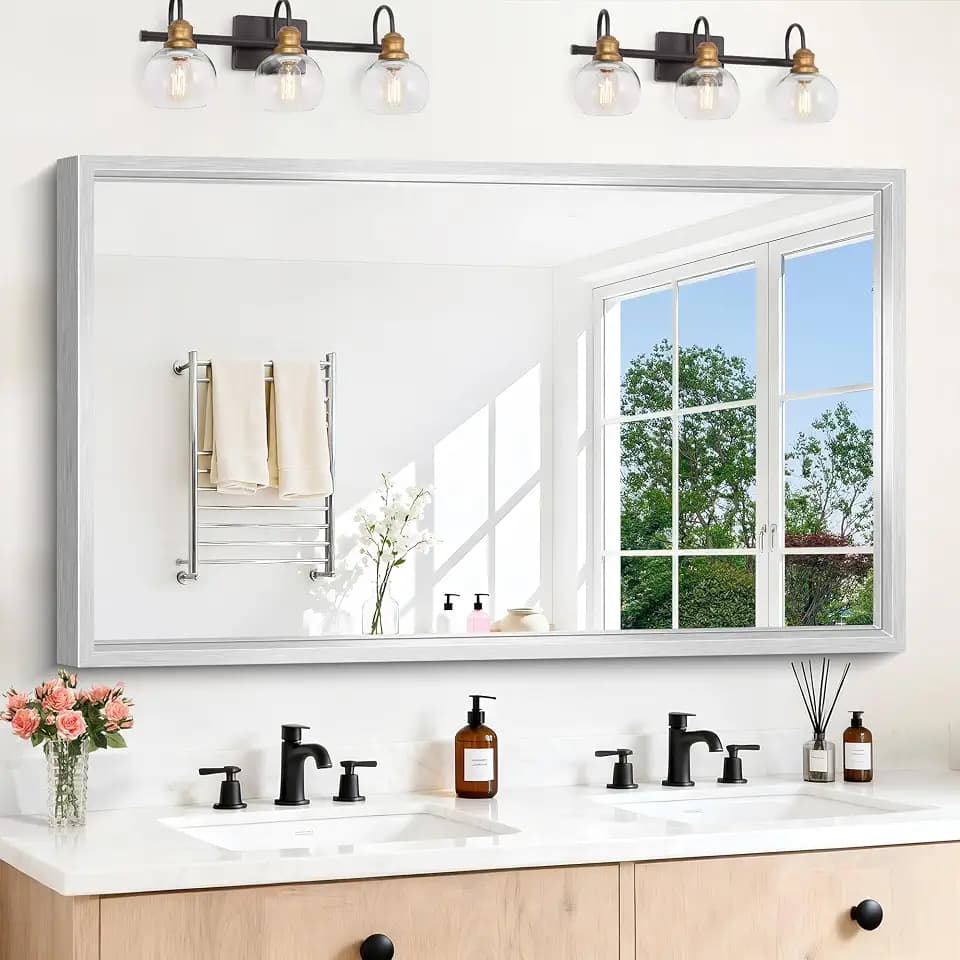 30x55 Silver Bathroom Mirror, Brushed Silver Rectangular Mirror for Wall, 0.6" Thickened Deep Frame Mirrors for Bathroom Sink, Shatterproof Tempered Glass, Antirust, Horizontally or Vertically