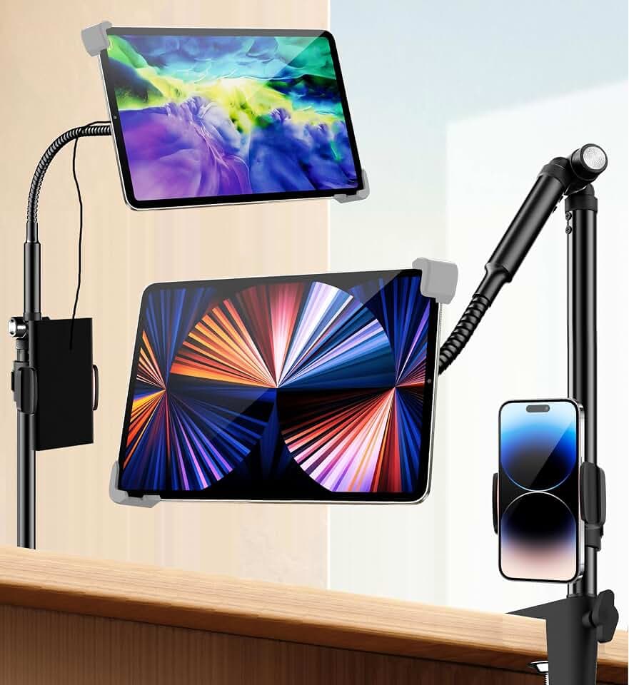 2-in-1 Schwanenhals Tablet Halterung Bett, Tablet Halterung Tisch mit 2 360° drehbaren Halter, Tablet Ständer höhenverstellbar für iPad Pro 12,9, iPad Air, Tab, alle Tablet 9,7-15 Zoll