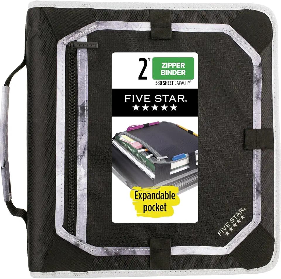 Five Star Zipper Binder, 2 Inch 3-Ring Binder with Round Rings, Expansion Panel and 5-Tab Expanding File, 580 Sheet Capacity, Black (29052IT8)