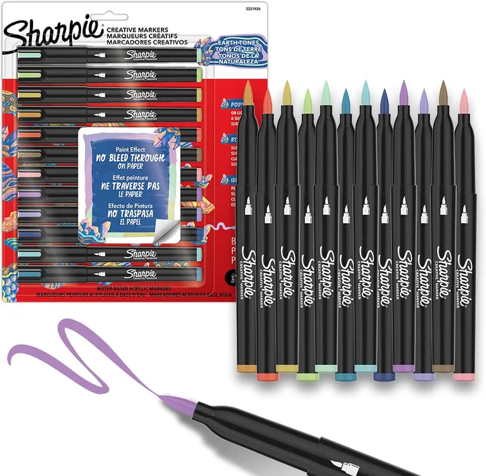 Sharpie Creative Markers, Earth Tones, Water-Based Acrylic Markers, Brush Tip, 12 Count