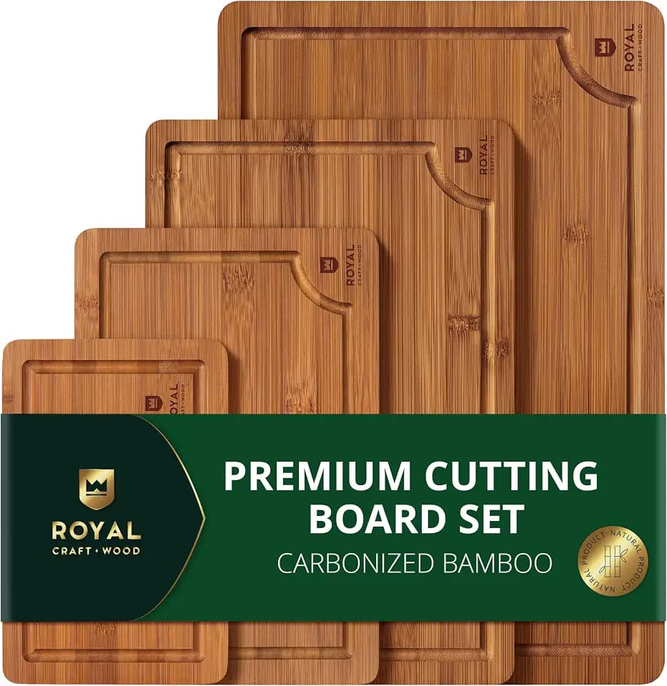 ROYAL CRAFT WOOD Wooden Cutting Boards for Kitchen Meal Prep & Serving - Bamboo Non Toxic Cutting Board Set with Deep Juice Groove Side Handles - Charcuterie & Chopping Butcher Block for Meat (4 Pcs)