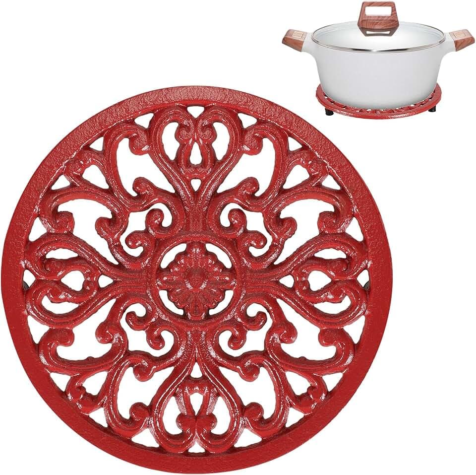 Sumnacon Cast Iron Trivet 6.7 Inch Iron Trivet for Hot Dish Pot Pan Plate Teapot,Heat Resistant Cast Iron Trivets with Rubber Feets for Kitchen Dining Table Cooktop Stove,Retro Red