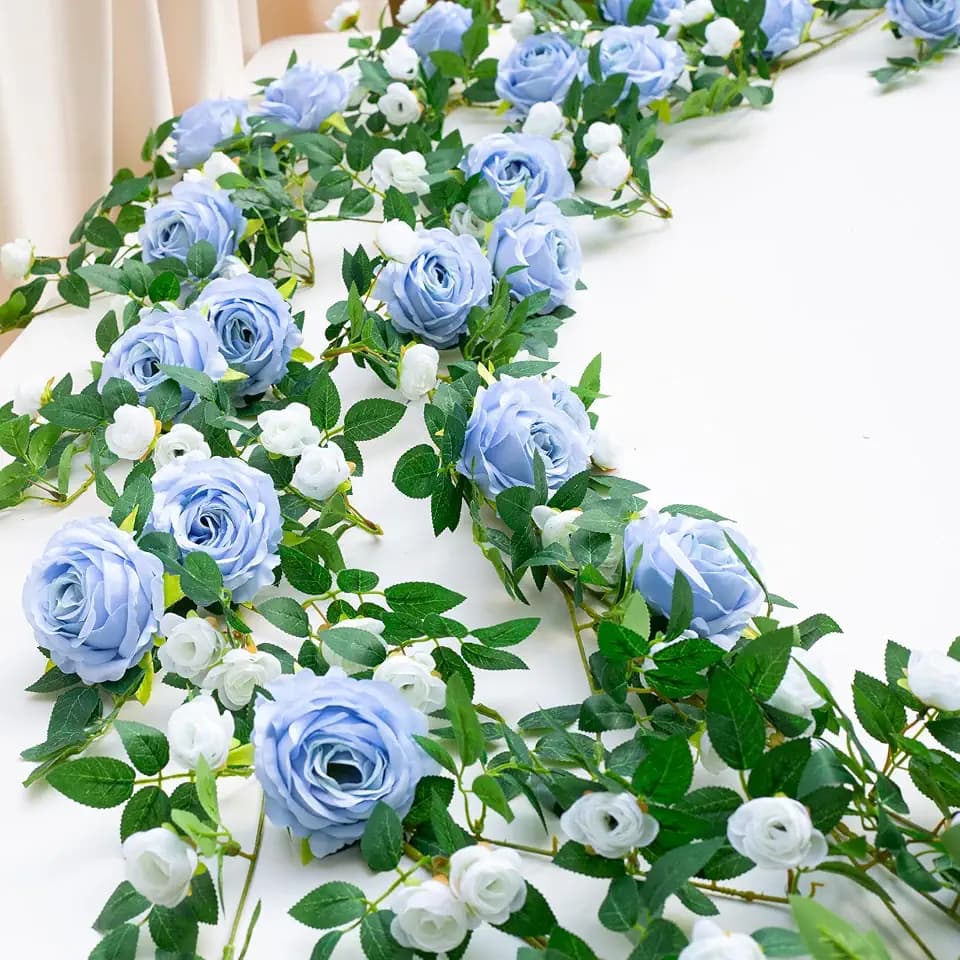 2 PCS 12FT Bendable Flower Garland, Fake Rose Vine for Wedding Decor,Blue
