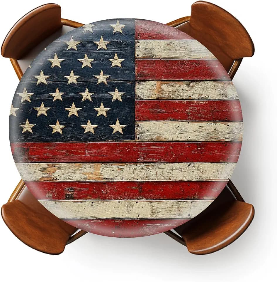 Round Fitted Tablecloth with Elastic Outdoor Tablecloth for 36" - 44" Tables Waterproof Round Table Cover for Indoor Dinner, Picnic, Camping, Yard (Retro American Flag)