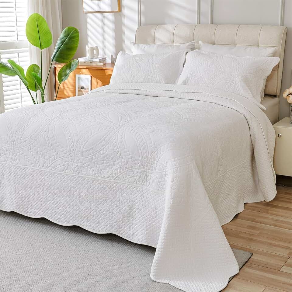 Cmfshape 100% Cotton Quilt King Size-White Bedspread 106"x96"-Coin Pattern Bedding Set 3 Pieces-Pre-Washed Lightweight Cotton Coverlet-Suitable for Bed,Couch,Quilt Blanket All Seasons