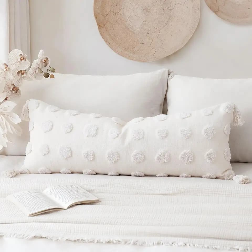 PANOD Decorative Long Lumbar Pillow Cover 14x36 Boho,Super Soft Chenille Extra Long Lumbar Pillow Case Cover with Tassel for Bed Sofa Couch Farmhouse Livingroom,White,Modern Skinny