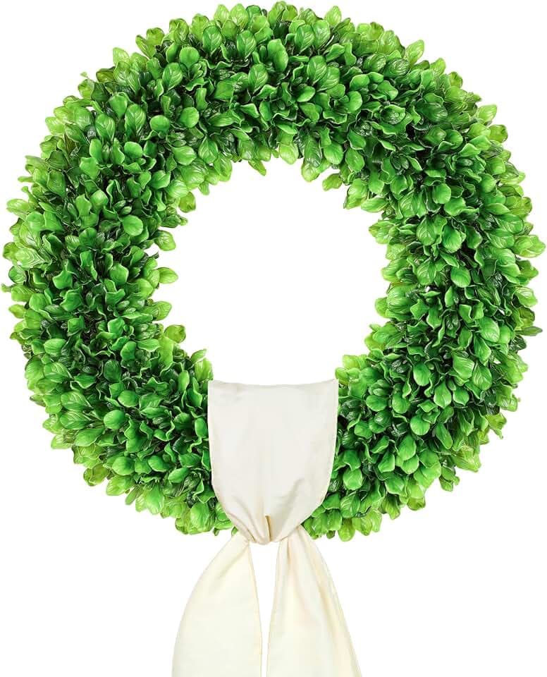 DDHS 23 Inch Large Boxwood Wreath for Front Door, Round Artificial Spring Summer Greenery Wreath with Hello Sign & Sash, Green Wreaths for Farmhouse Wedding Year Round Indoor Outdoor Home Decor