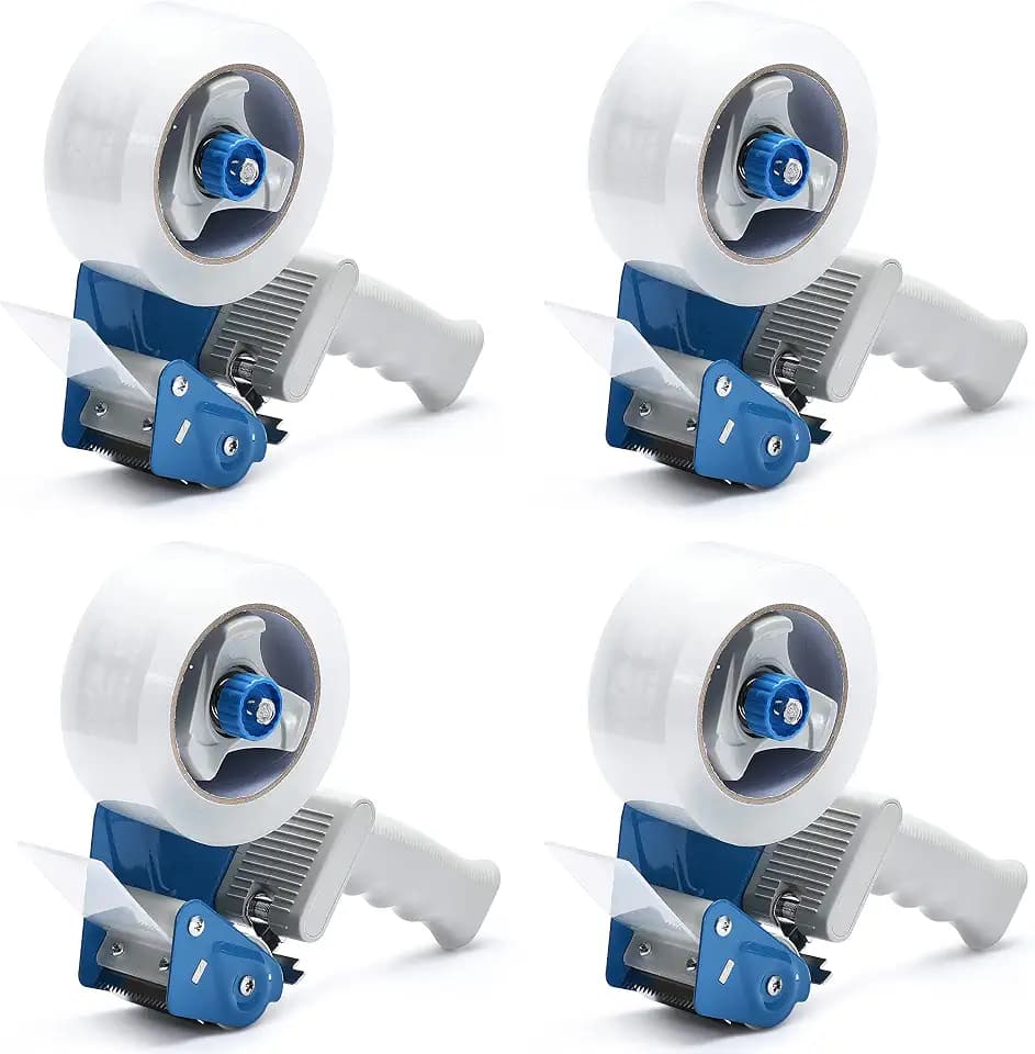 Packing Tape Dispenser Gun (4 Packs) Pacific Mailer 2 Inch Tape Gun Dispenser with 2 Inch Carton Packing Tape, Lightweight Industrial Side Loading Tape Dispenser - Blue