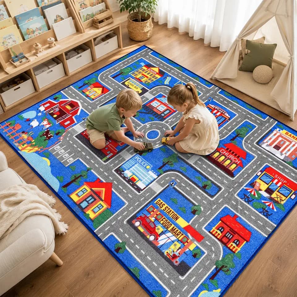 Kids Carpet Playmat Rug 59"x39.4", Car Rug for Kids Cars, Non-Slip Town City Road Map Kids Rugs for Playroom Bedroom Boys, Kids Cars Play Mat Track Road Rugs for Kid (59X39.4Inch,Blue)