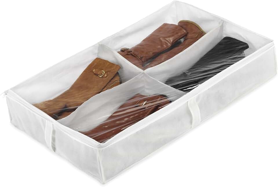 Whitmor Underbed Boot Storage Bag, 4 Sections, Clear Top, 23" x 37", White