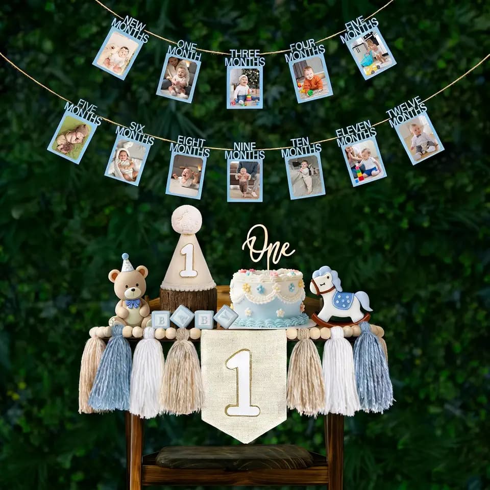 Boy First Birthday Decoration with Photo Banner for Baby from Newborn to 12 Months, Wood Bead Tassel Garland Highchair Banner Conical Cap Cake Topper, Blue Baby Shower Decorations