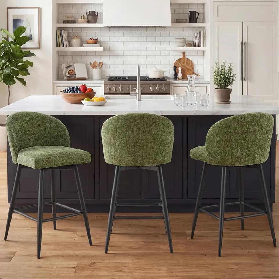 26" Counter Height Bar Stool Set of 3,Linen Fabric Upholstered Barstools with Footrest,Metal Frame,360° Swivel Barstools for Kitchen Island, Home Bar & Breakfast Nook,Moss Green