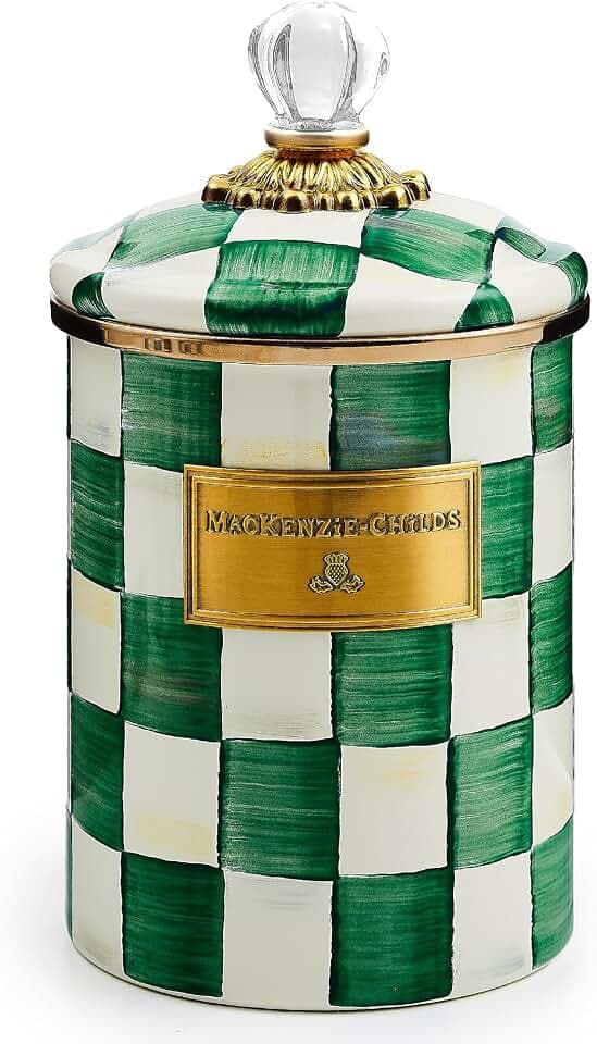 MACKENZIE-CHILDS Enamel Canister, Medium, Green-and-White Emerald Check