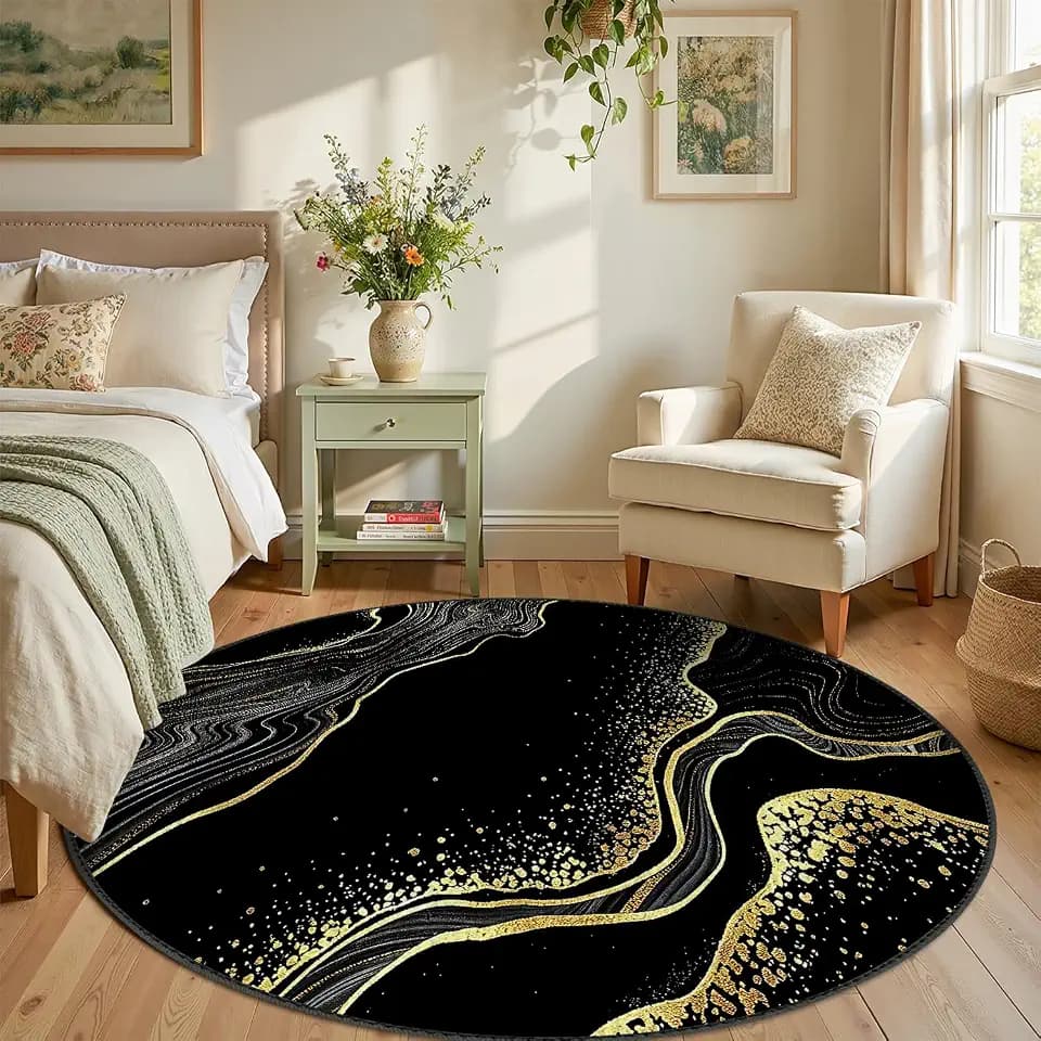 ANNA QUEEN Black Gold Marble Round Area Rug 4ft,Washable Non-Slip